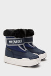Kids Navy Jr Parkstrap Boots, featuring classic Moon Boot style with a mid-calf faux-fur cuff, wide velcro strap, and thick soles, offer effortless, fun high-end winter wear.