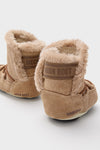 Kids Whiskey Crib Suede Boots, classic and high-end, feature light-tan suede style with faux-fur trim and MOON BOOT branding, embodying effortless fun for your little one.