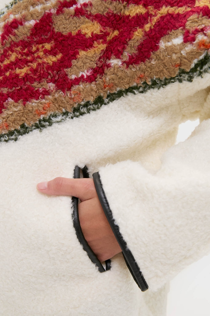 Ecru Marner Pullover: Classic sherpa-style fleece jacket with a fun, effortless design, featuring an off-white plush texture and high-end multicolored fair-isle pattern.