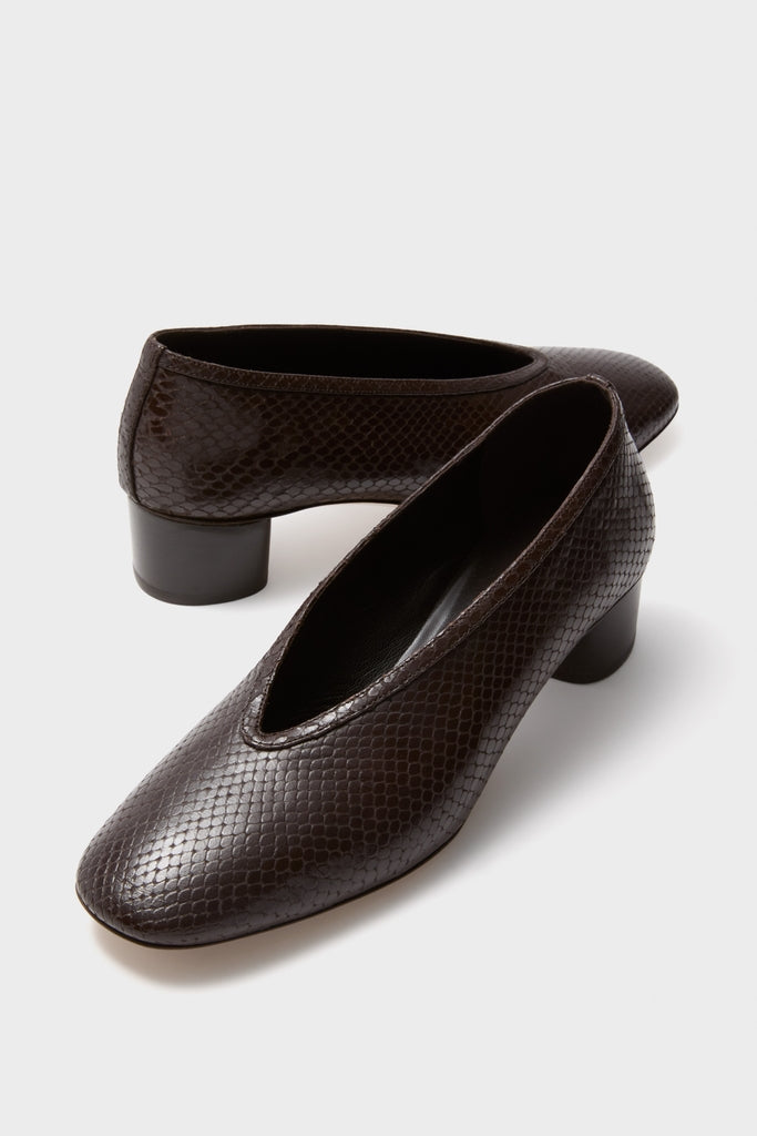 Printed Python Luna Pumps in snakeskin-embossed leather, featuring a classic almond toe and 40mm block heel. Effortlessly high-end and fun, ideal for work or play.