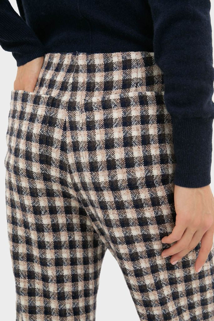 Nude Trail Farah Dust Pant in navy plaid, offering a classic, effortless style. High-waisted with a small check pattern, perfect for a fun, high-end look.