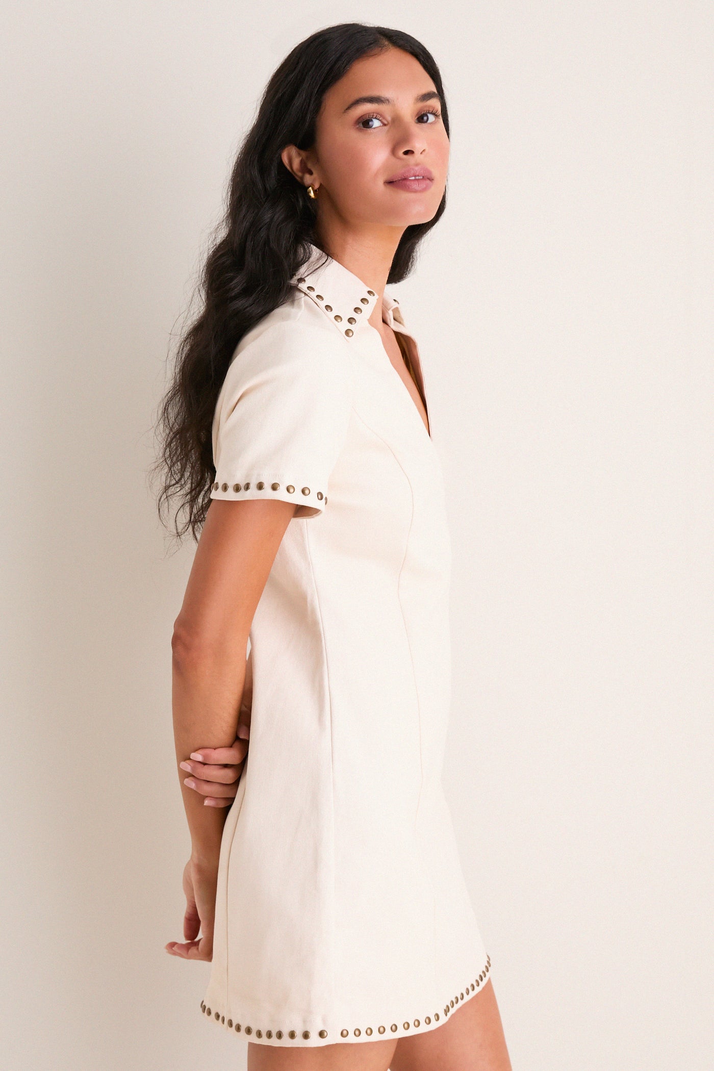 English Factory Beige Denim Studded Katherine Mini Dress Beige / M