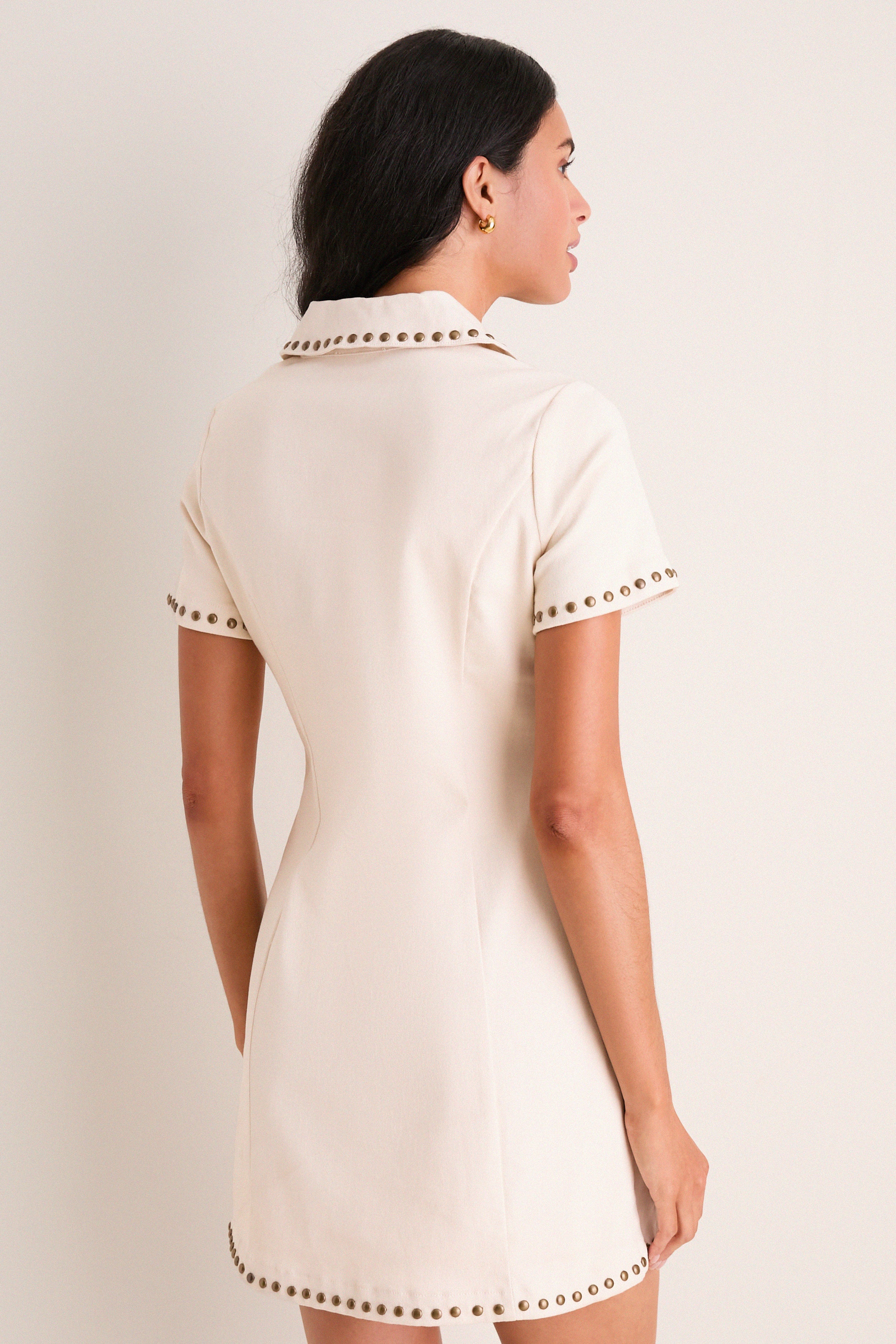 Beige Denim Studded Katherine Mini Dress