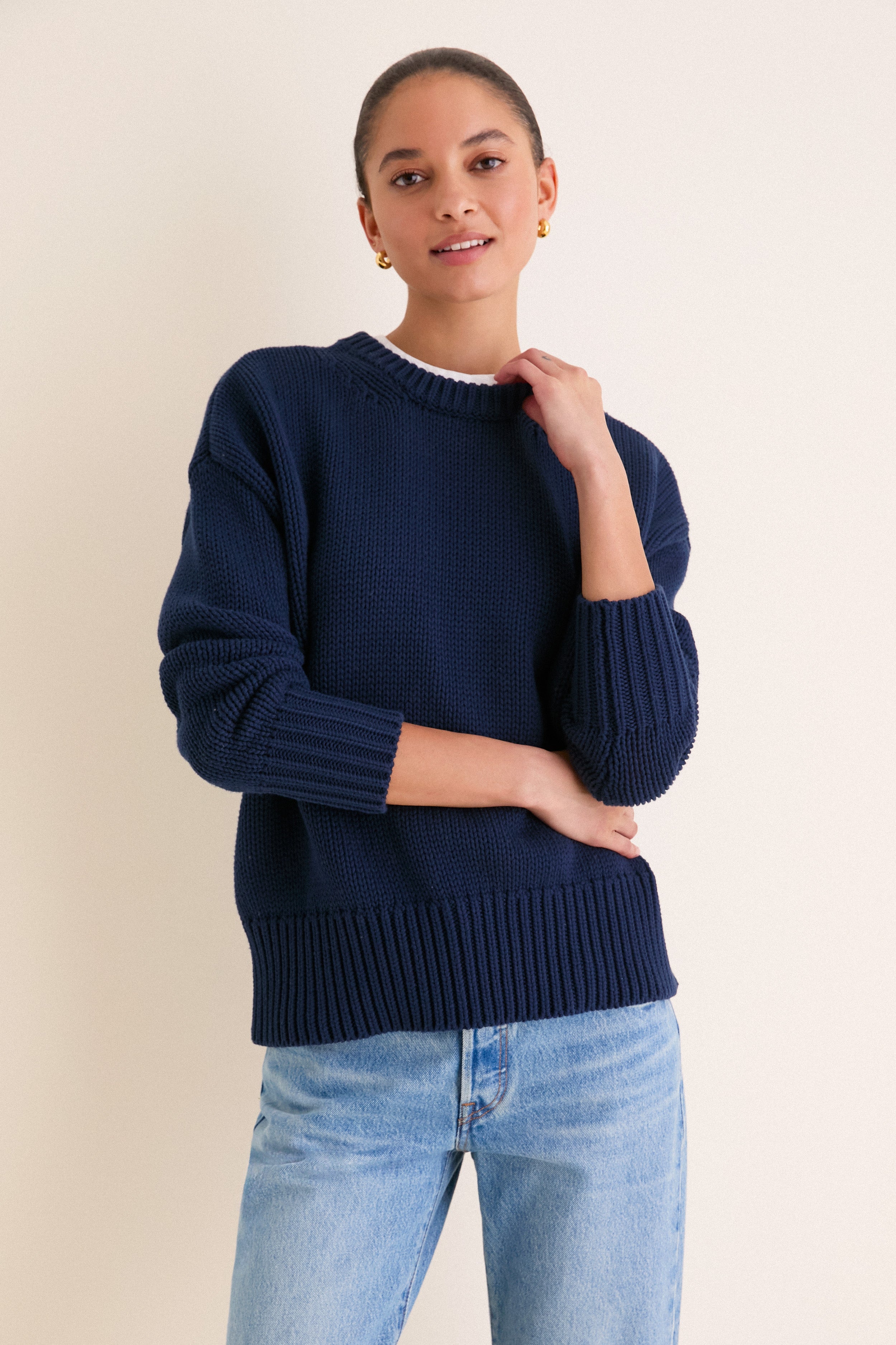 ニット/セーター KnuthMarf / ethnic fringe knit / navy Indigo Cable Knit Fringe Sweater | LOVESTITCH
