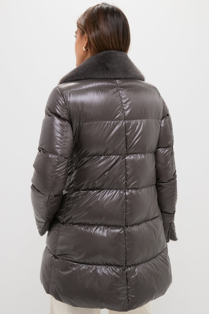 Effortless and classic, the Anthracite Nylon Ultralight Mid-Thigh Jacket with Faux Fur Collar showcases high-end quilted panels and a plush collar for a fun, chic look.
