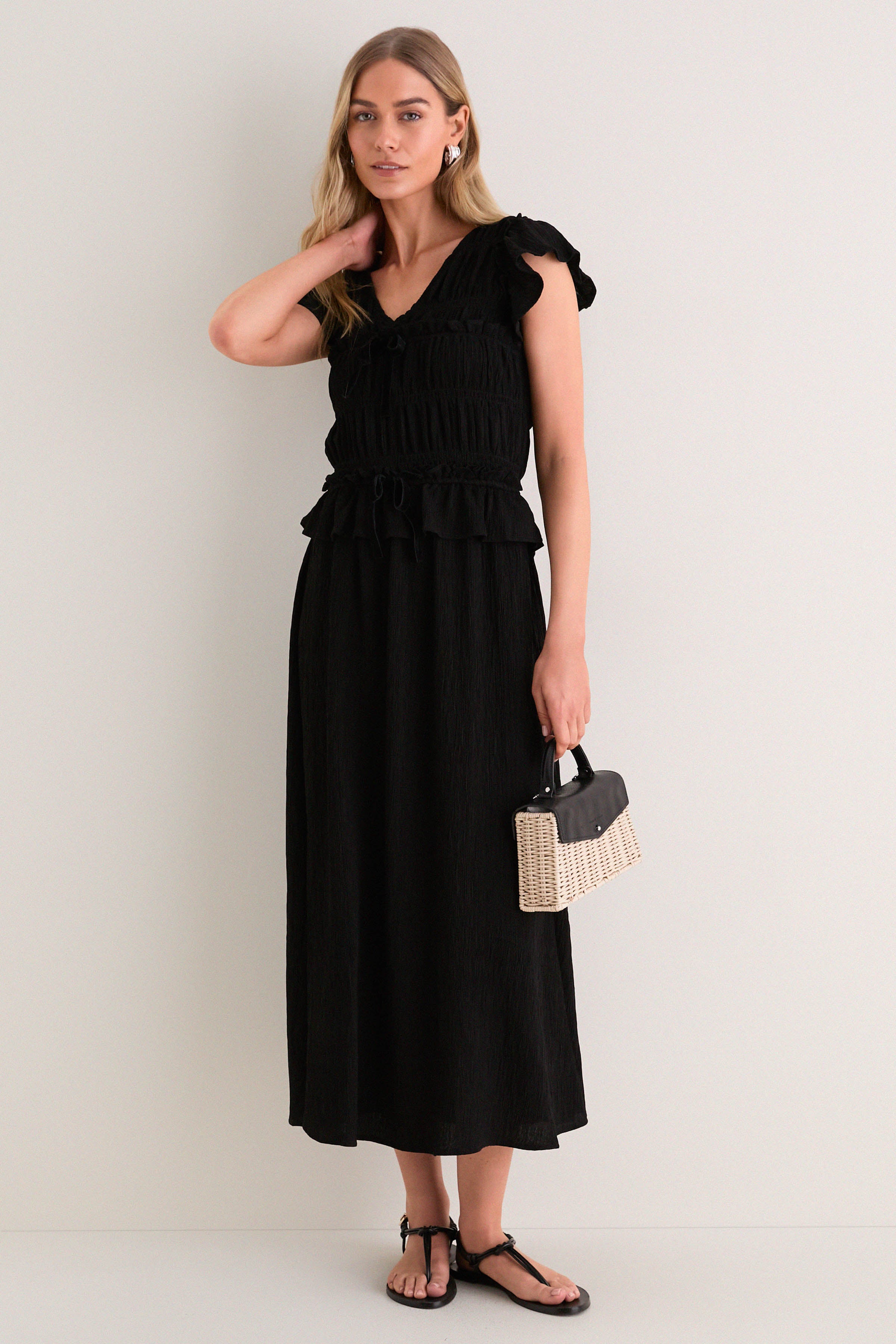 Moon River Black Flutter Sleeve Midi Dress Black / S Moon River Black Flutter Sleeve Midi Dress Black / S