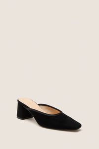 Classic Black Suede Tilda Mules with an effortless mule silhouette, featuring a chic squared toe and comfortable block heel, perfect for a fun, high-end look.