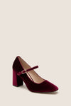Oxblood Velvet Julia Heels: Classic Mary-Jane style in luxurious velvet with a fun, adjustable gold buckle strap and effortless block heel, embodying high-end elegance.