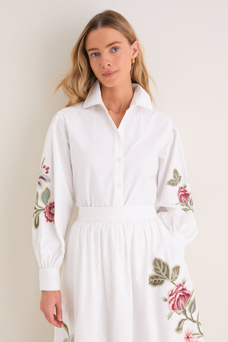 White Floral Embroidered Carolina Button Down