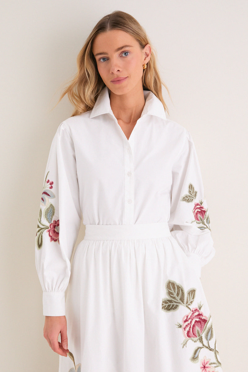 White Floral Embroidered Carolina Button Down