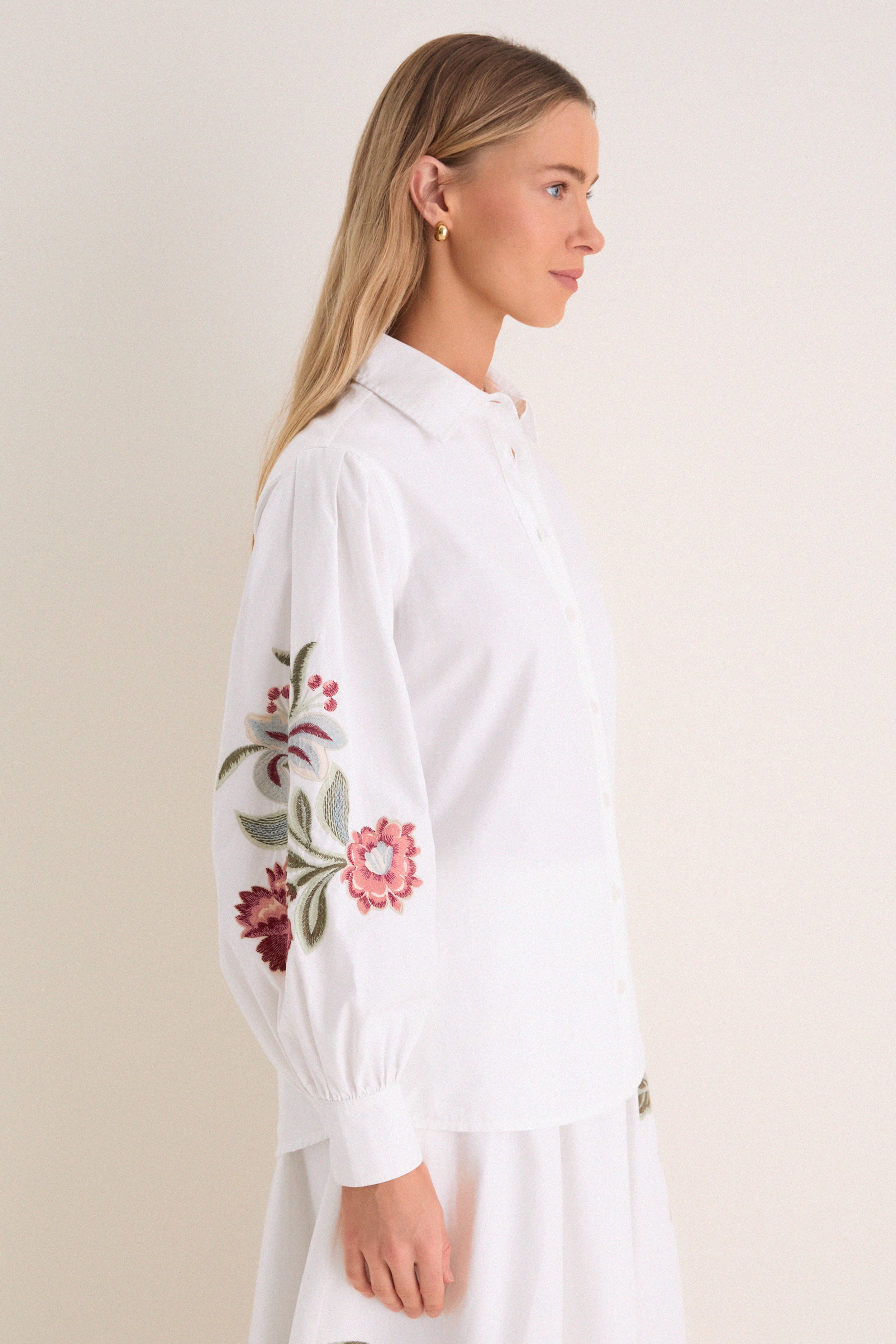 White Floral Embroidered Carolina Button Down