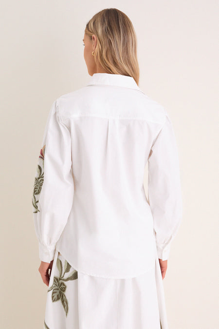 White Floral Embroidered Carolina Button Down