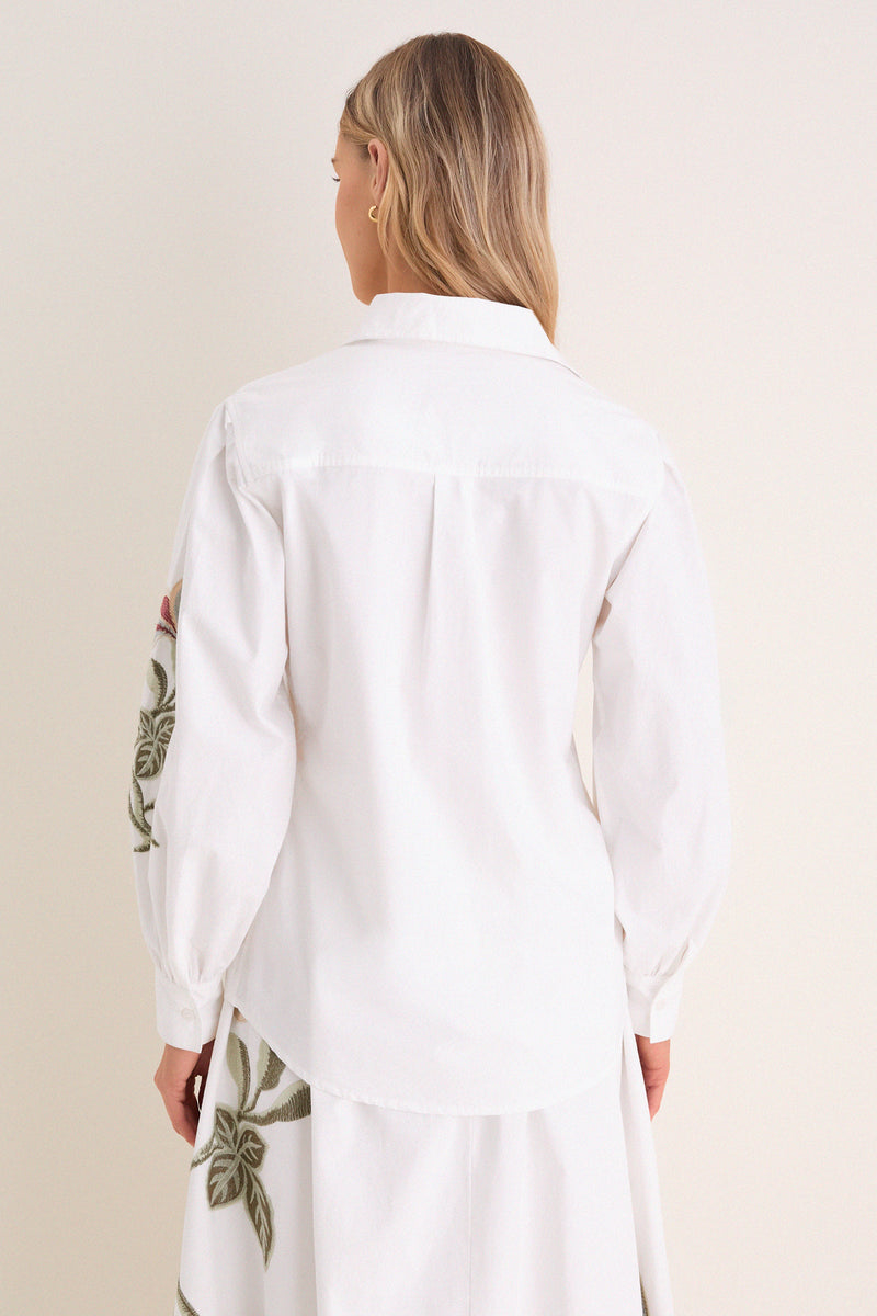 White Floral Embroidered Carolina Button Down
