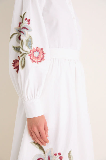 White Floral Embroidered Carolina Button Down