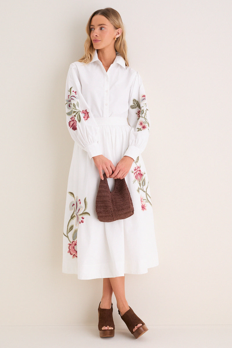White Floral Embroidered Carolina Button Down