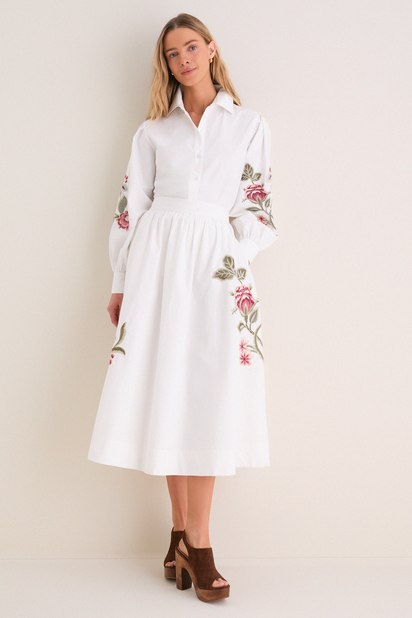 White Floral Embroidered Carolina Button Down