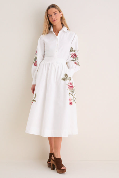 White Floral Embroidered Carolina Button Down