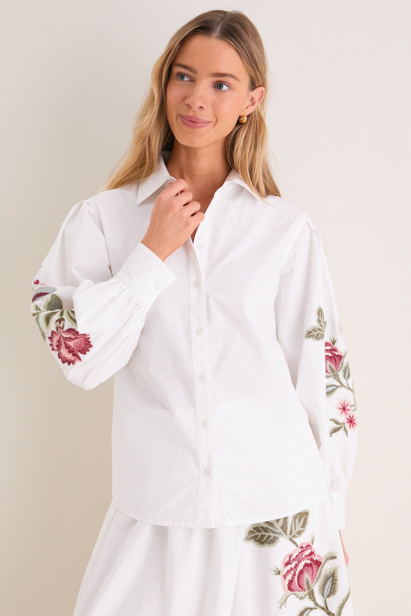 White Floral Embroidered Carolina Button Down