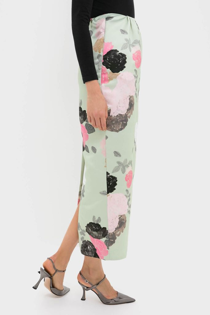 Sage Green Auscot Rose Damian Skirt in a classic floral print; pairs effortlessly with black top and metallic heels for a fun, high-end look.