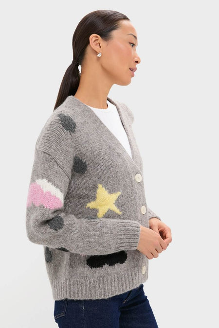 Side-profile of classic Grey Weather Cycles Intarsia Stormy Cardigan, featuring a relaxed fit, playful motifs, and button placket. Effortless, high-end knitwear for fun, confident styling.