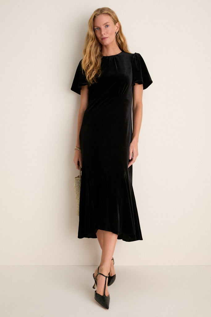 tuckernuck black velvet dress Elodie Size:XXS-S The Craft Black and length sleeves with pleated midi dress for wedding