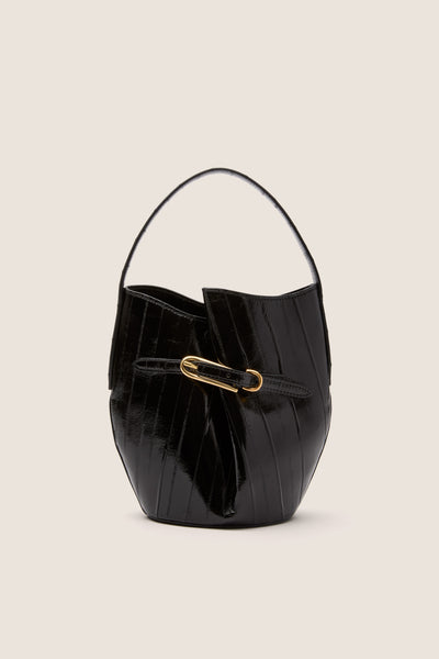 Black Eel Skin Mini Belted Bucket Bag | Liffner