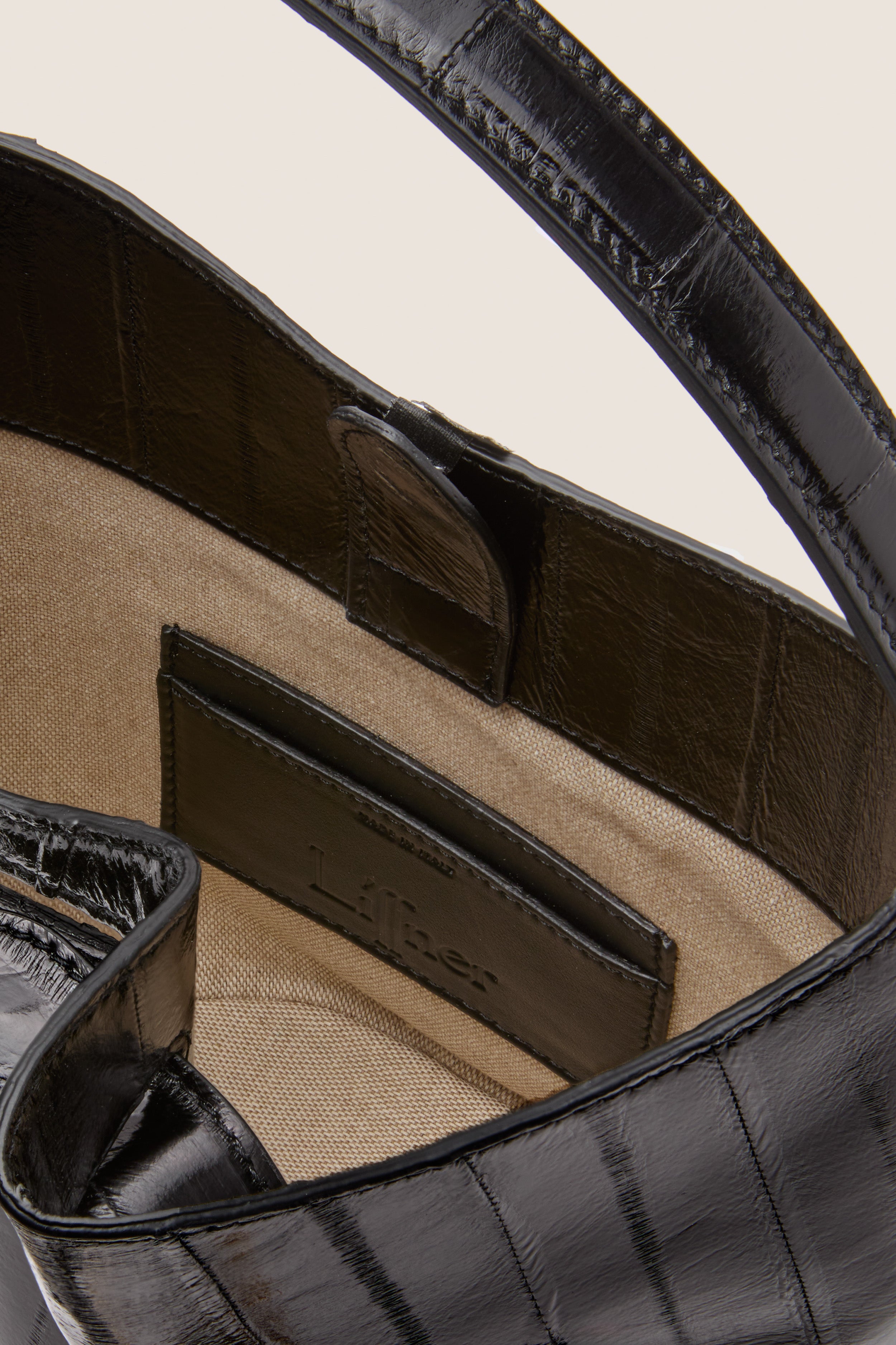 Black Eel Skin Mini Belted Bucket Bag