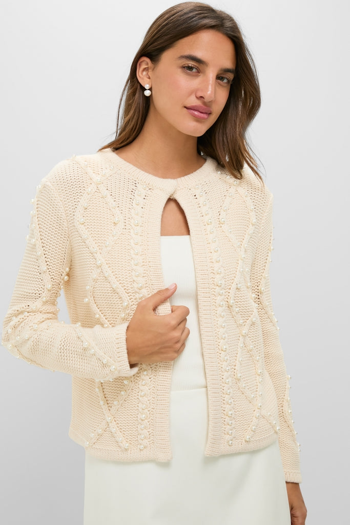 Cream Cable Knit Pearl Collins Cardigan | Hyacinth House