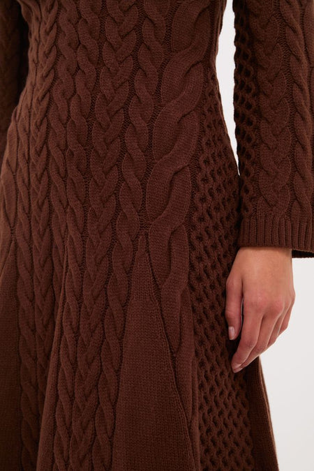 Close-up of the Chocolate Cable Knit Fernie Midi Dress, showcasing its classic cable and honeycomb knit patterns with an effortless, high-end style. Perfect for fun, confident wear.
