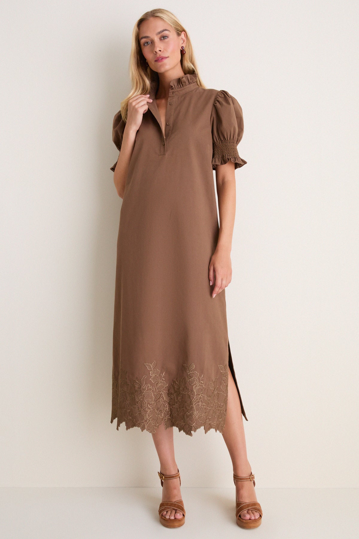 Mocha Embroidery Eliza Midi Dress