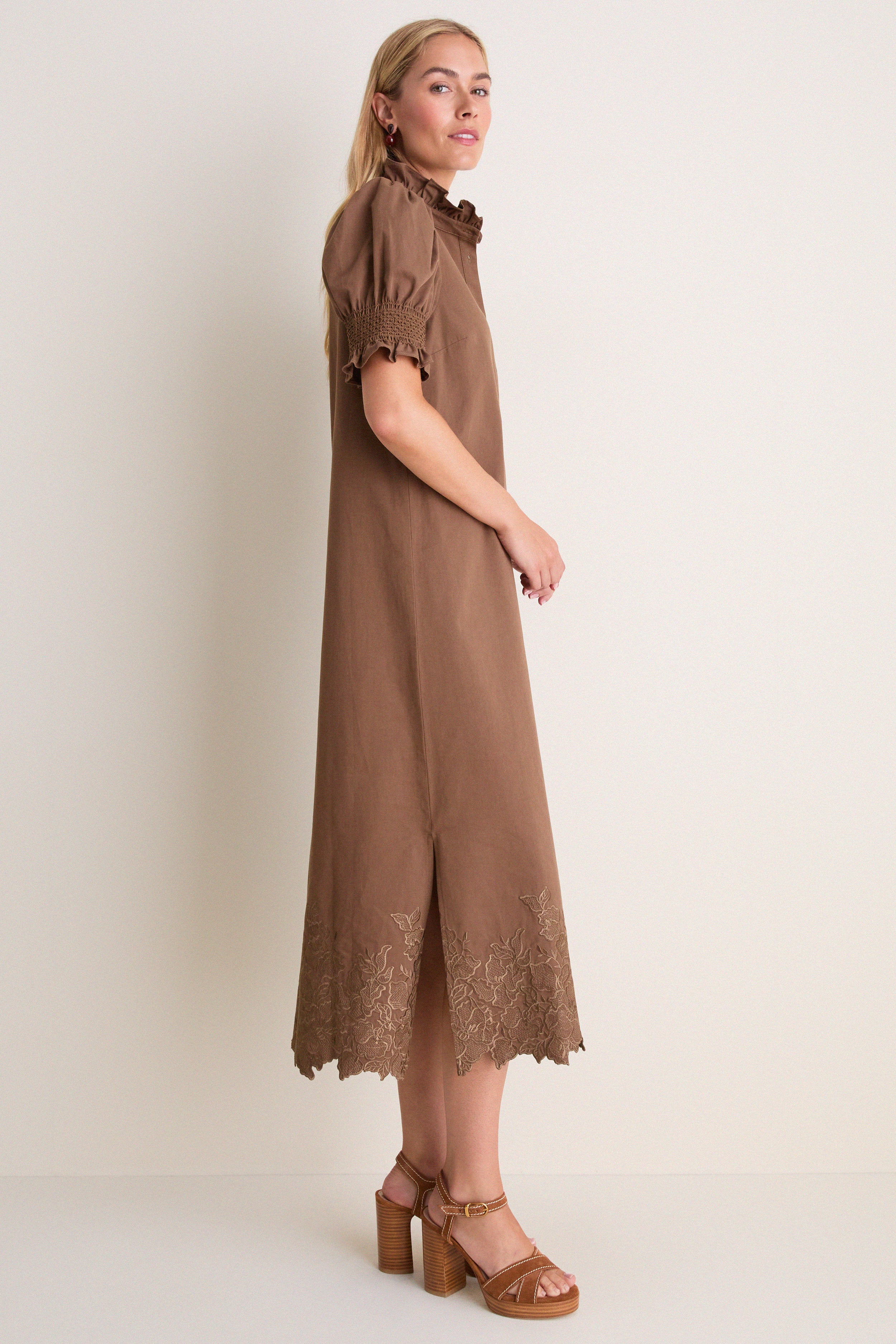 Mocha Embroidery Eliza Midi Dress