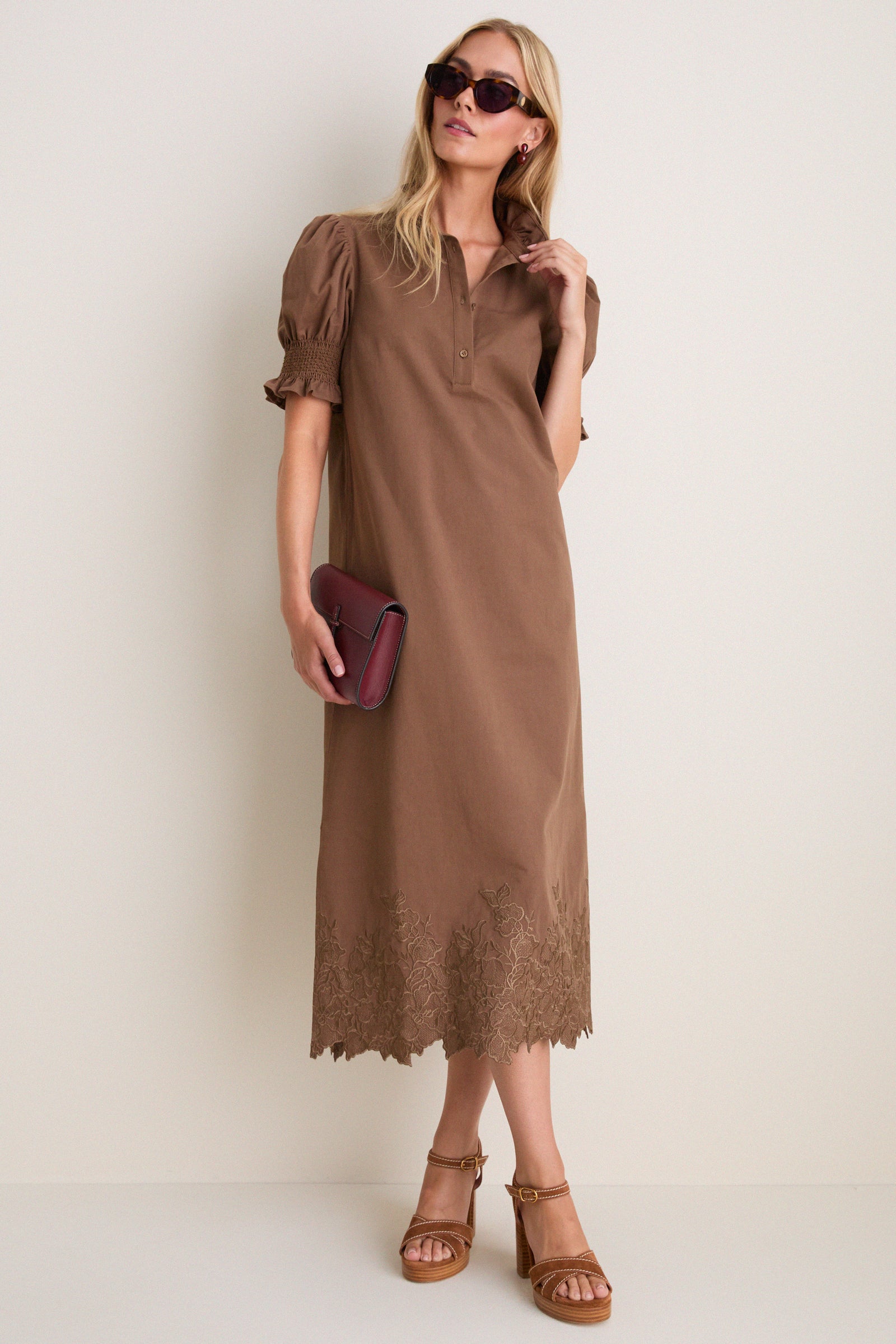 Mocha Embroidery Eliza Midi Dress