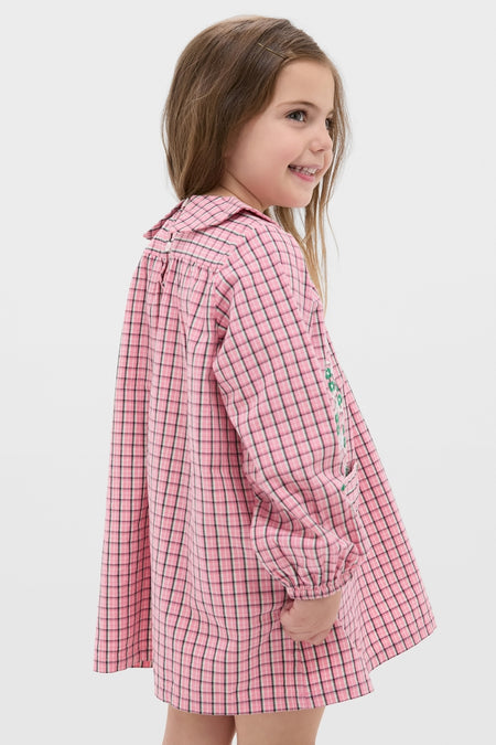 Girl in Pink Check Gatsby Dress with embroidered daisies, ruffled collar, and elasticized cuffs, embodying classic, effortless charm and fun style from high-end brand Hello Simone.