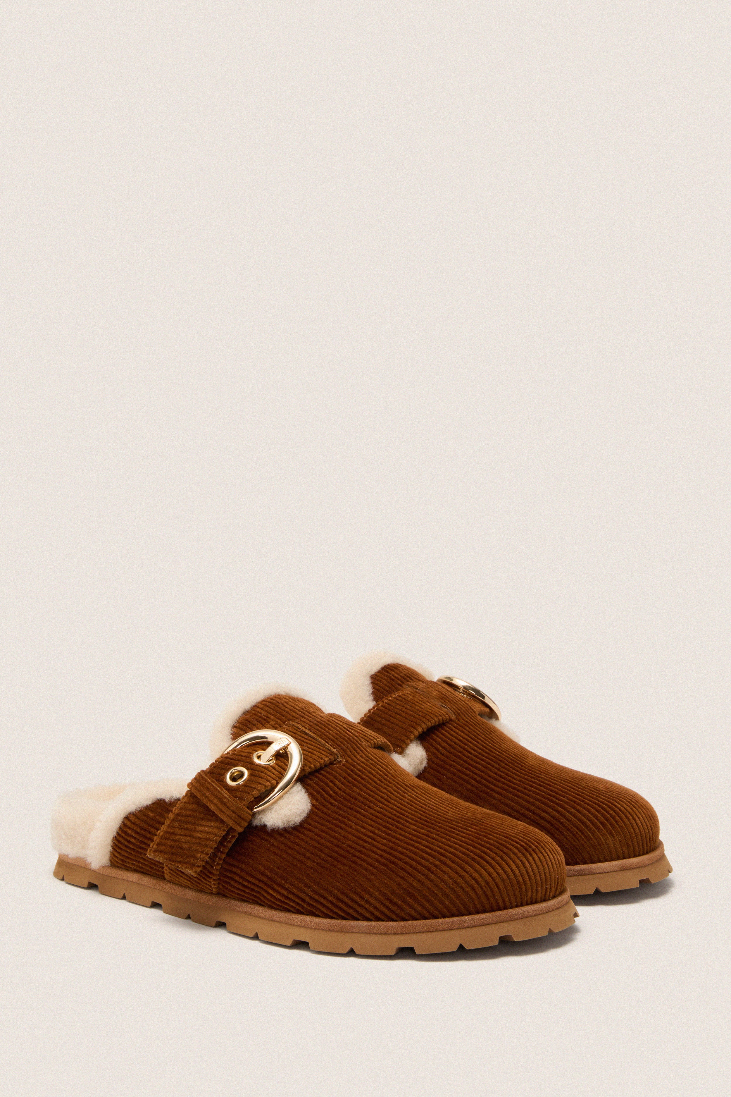 Doe and Vanilla Corduroy Velvet Chrystie Shearling Mules | Stuart