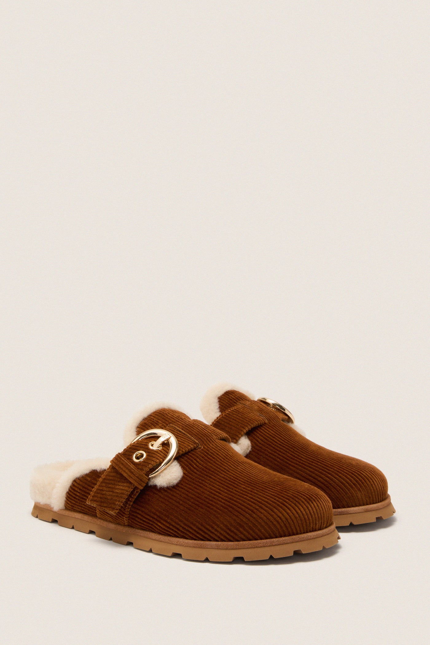 Doe and Vanilla Corduroy Velvet Chrystie Shearling Mules