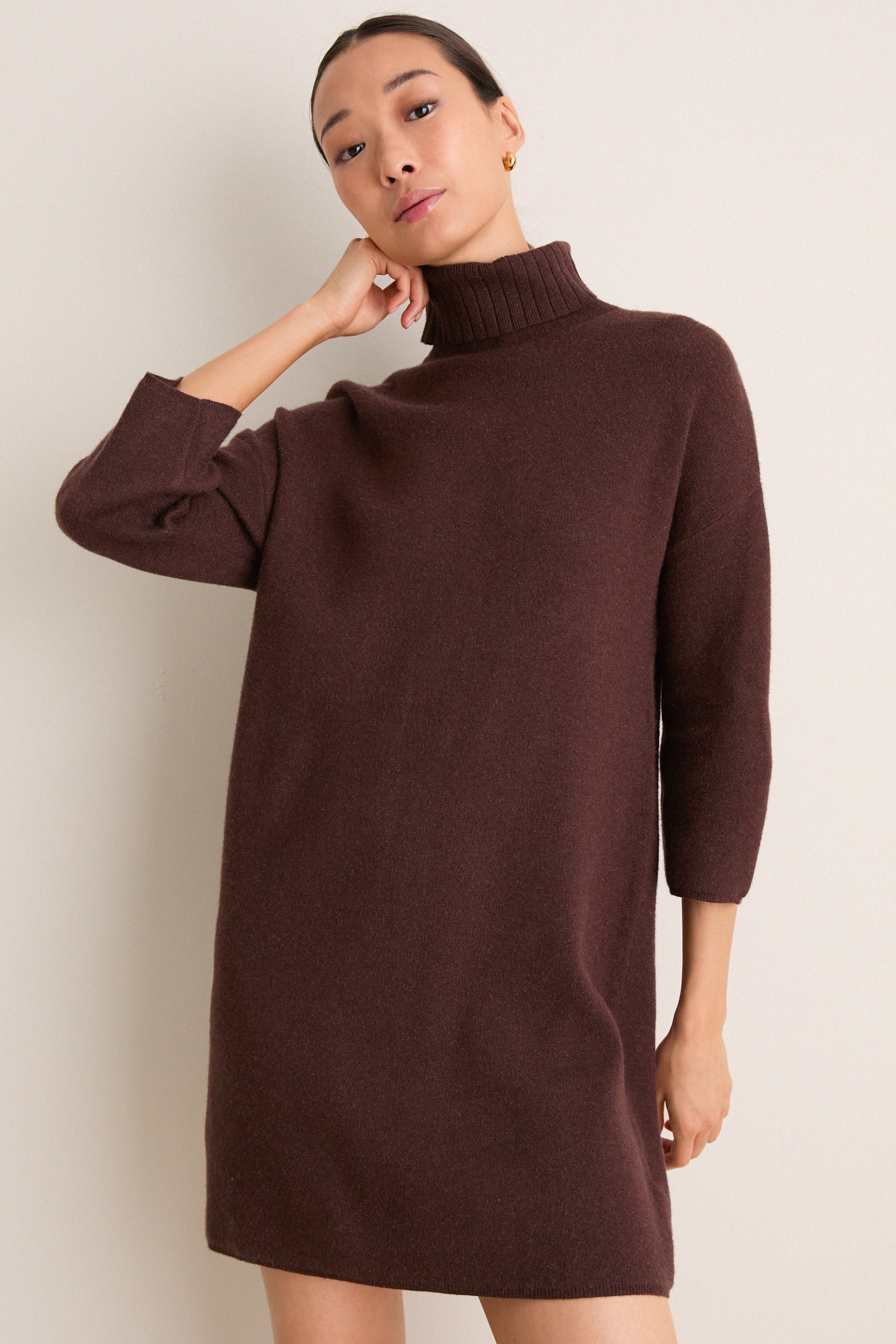 brown turtle neck sweater dress Pomander Place Chocolate Vivianne Chocolate / XL which is hand size:Large Designer Wedding Dresses & colour: black-mesh-contrast-ruched-bodycon-midi-dress