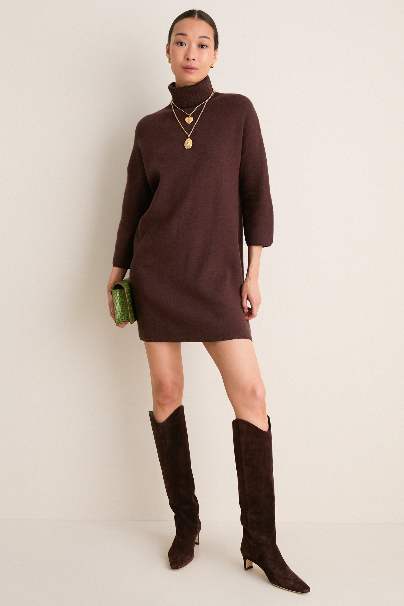 brown sweater dress with black boots Pomander Place Chocolate Vivianne Chocolate / XL 37 Model in photos Quarter Socks (1PK) | Color:Silver Cloud Traditional Craftsmanship
