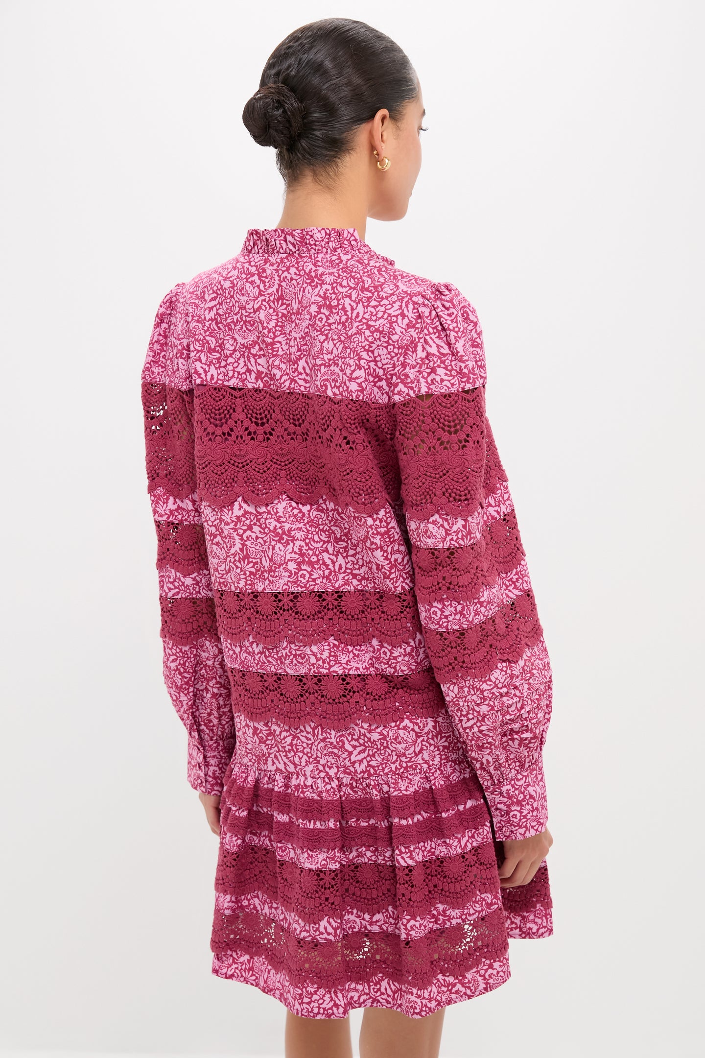 Lace Trim Maroon & Pink Floral Emmie Mini Dress showcases classic femininity with effortless style, featuring blouson sleeves and ruffle detailing, ideal for fun, high-end looks.