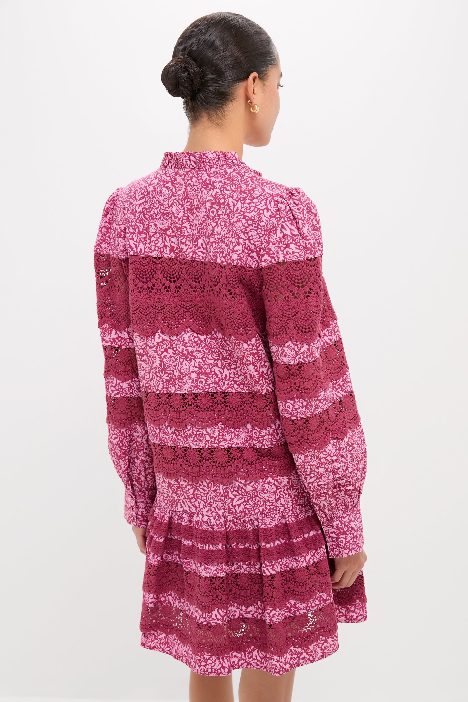 Lace Trim Maroon & Pink Floral Emmie Mini Dress showcases classic femininity with effortless style, featuring blouson sleeves and ruffle detailing, ideal for fun, high-end looks.