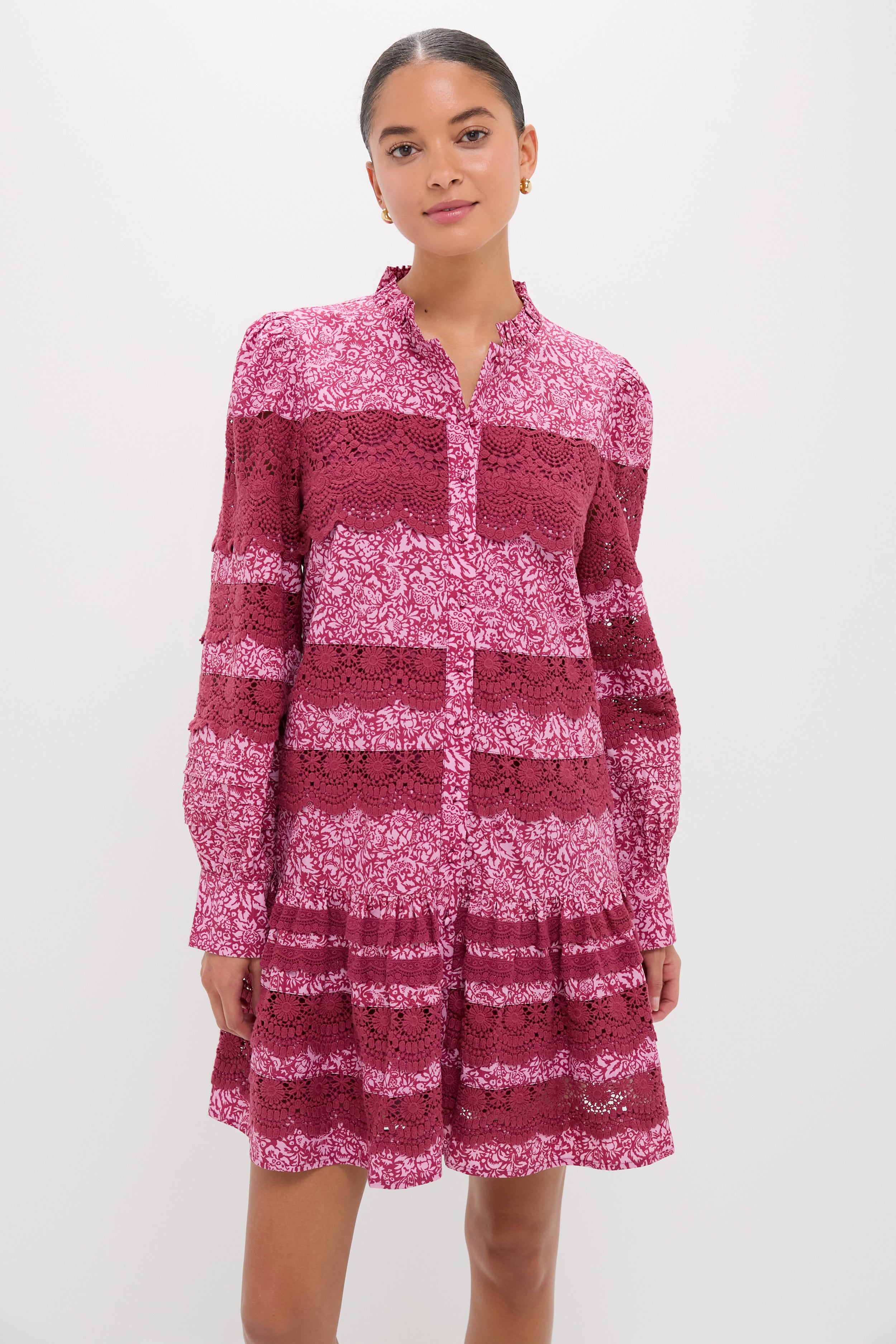 Lace Trim Maroon & Pink Floral Emmie Mini Dress