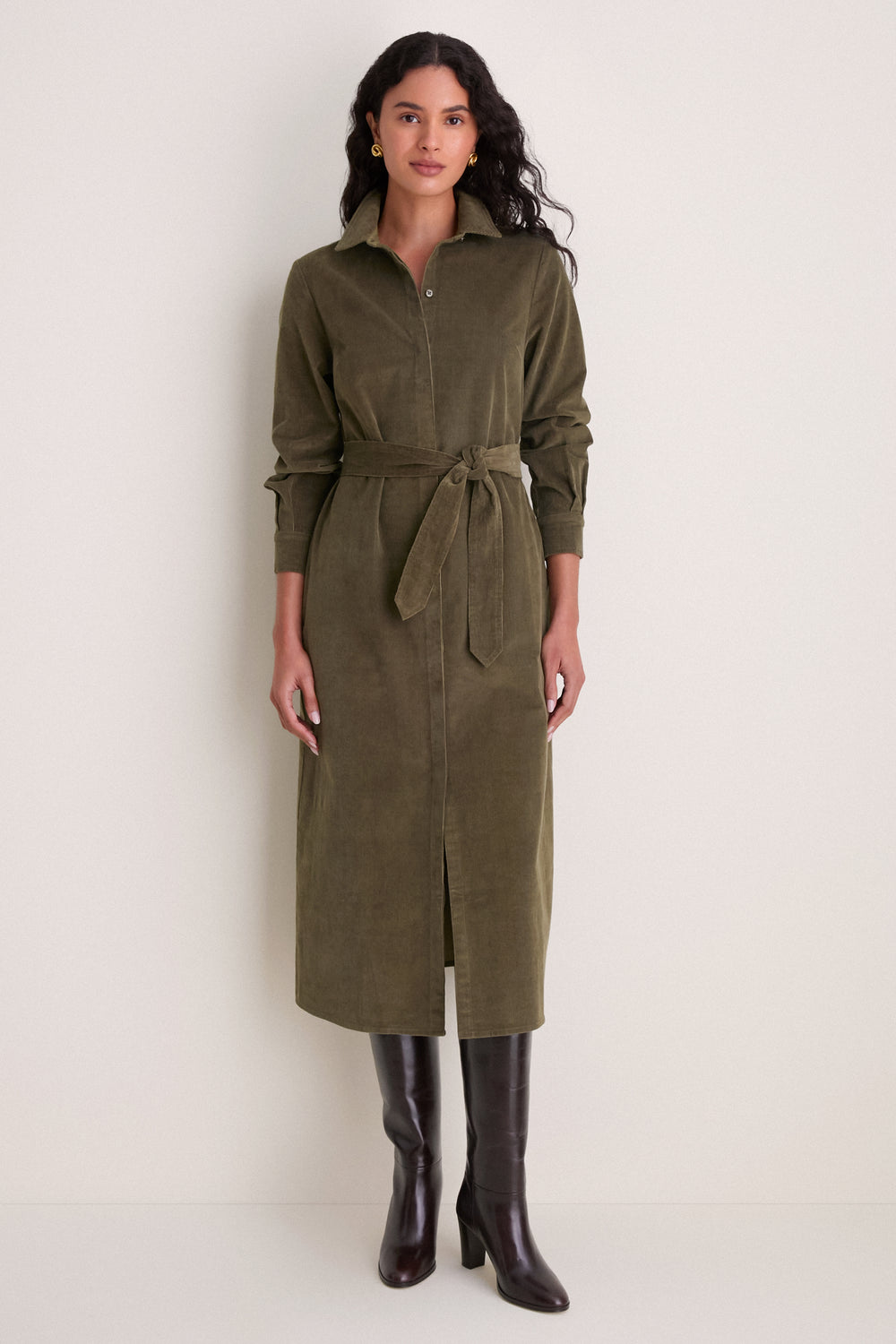 Olive Wide Wale Corduroy Tara Shirt Dress