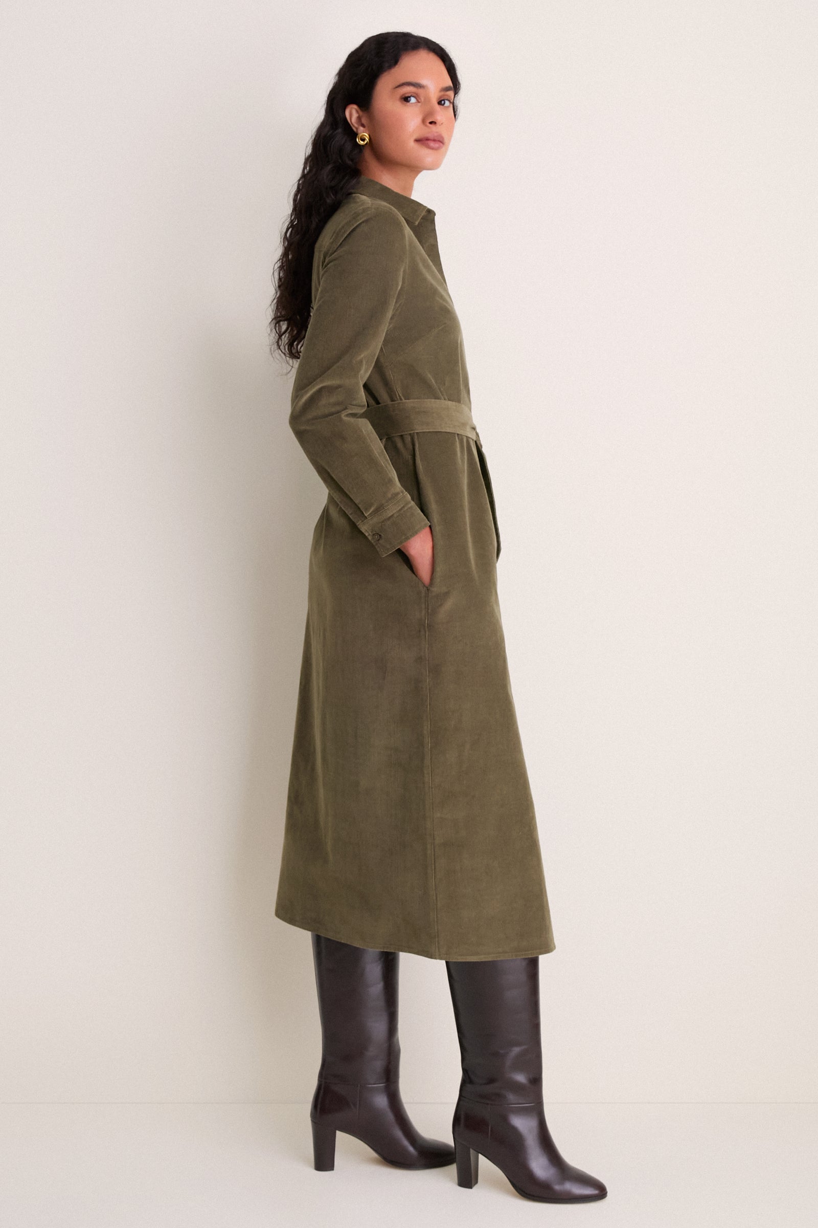 Olive Wide Wale Corduroy Tara Shirt Dress