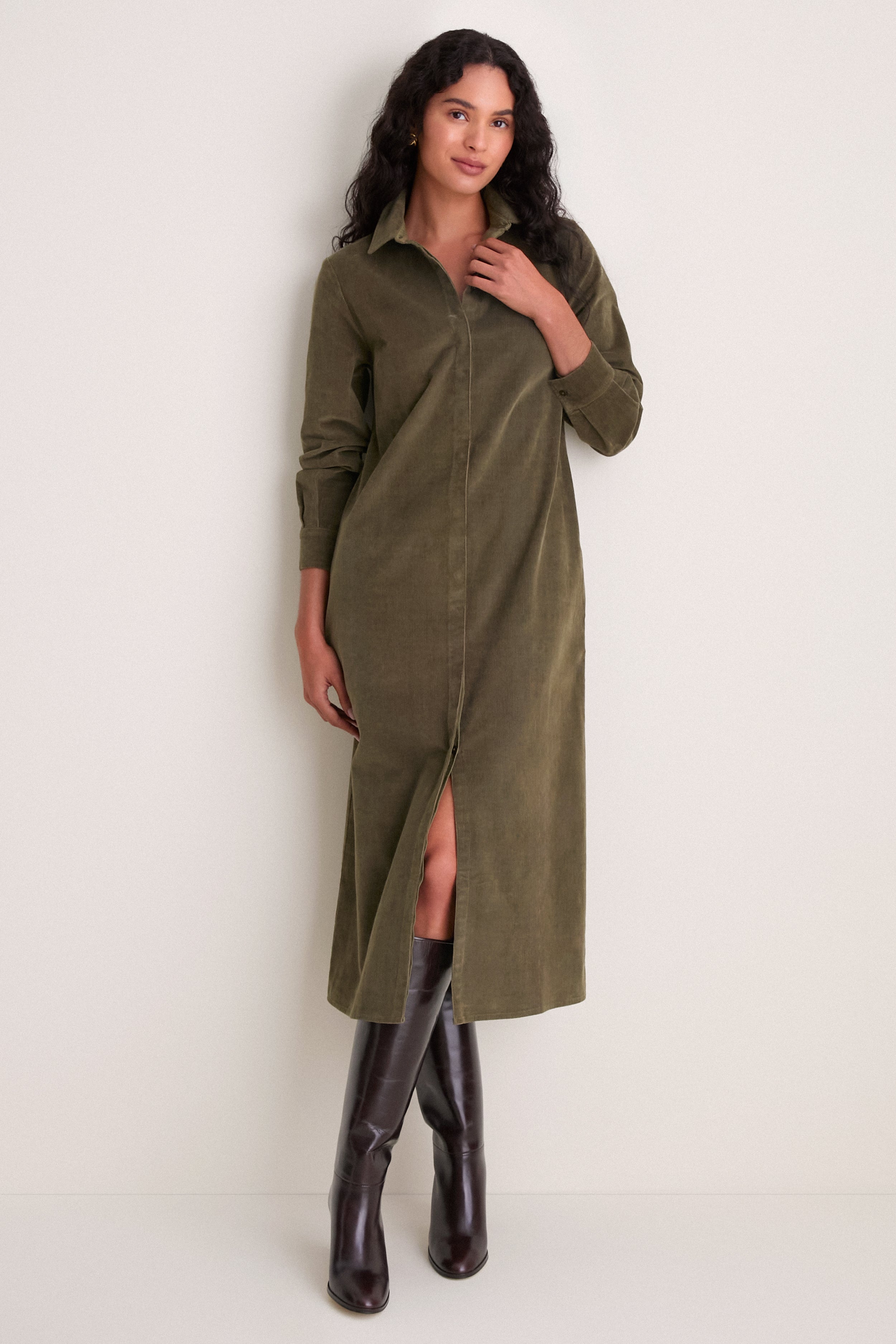 Olive Wide Wale Corduroy Tara Shirt Dress