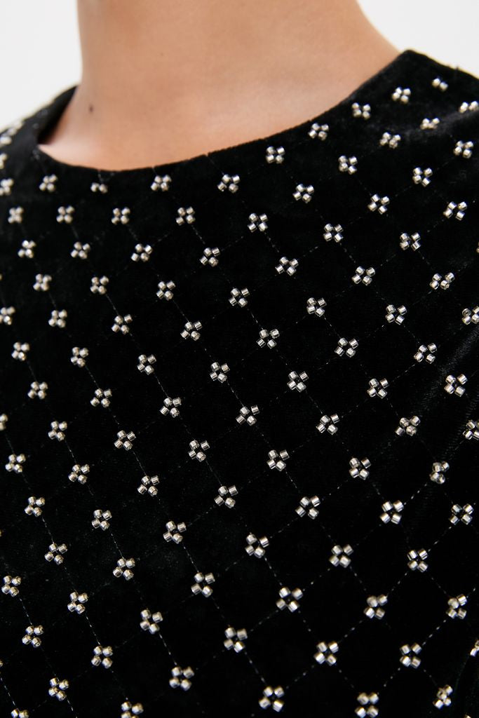 Black Embellished Velvet Antonia Midi Dress features a classic, effortless design with silver-tone beads in a diamond pattern, offering a fun, high-end sparkle.