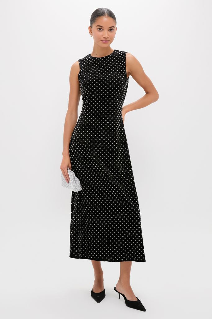 Black Embellished Velvet Antonia Midi Dress: A classic, effortless, high-end look with micro-print, paired with slingback mules and a beaded clutch for fun sophistication.