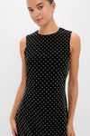 Black Embellished Velvet Antonia Midi Dress featuring classic, effortless charm with tiny white dot clusters, perfect for a fun, high-end look without needing additional jewelry.