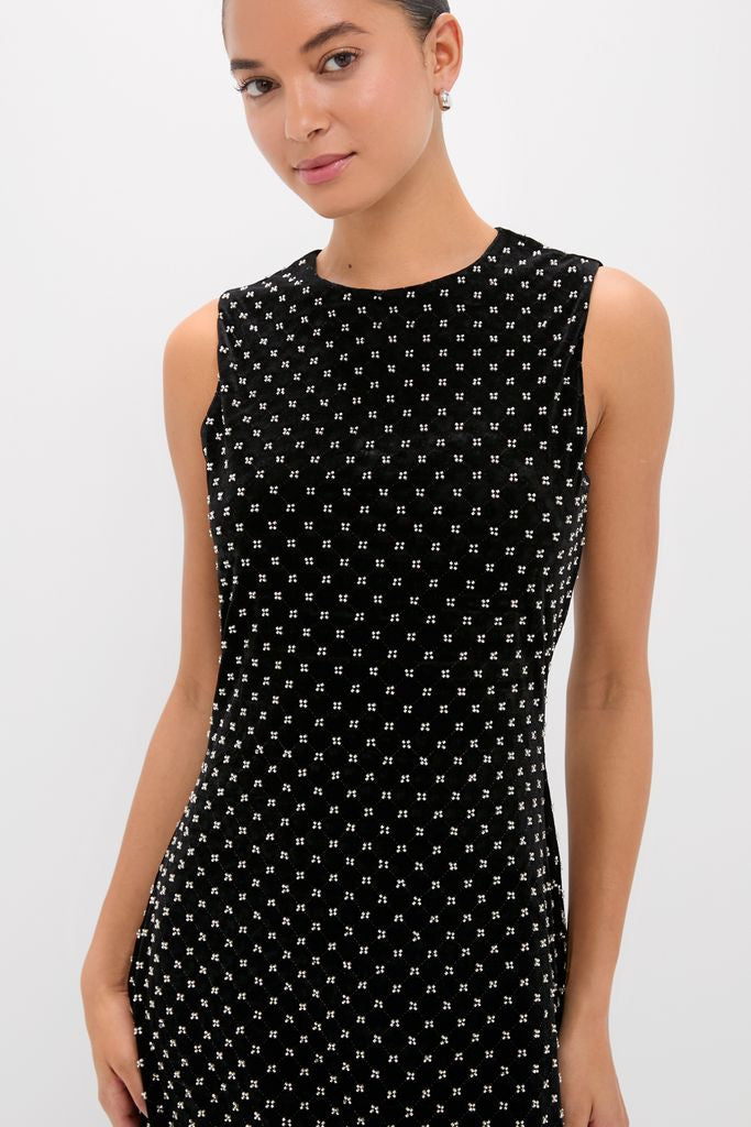 Black Embellished Velvet Antonia Midi Dress featuring classic, effortless charm with tiny white dot clusters, perfect for a fun, high-end look without needing additional jewelry.