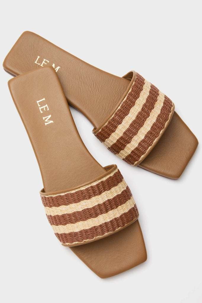 Classic Honey Piper Sandals with effortless woven brown and beige stripes, featuring a fun slip-on style and high-end tan faux-leather footbeds, stamped LEM.