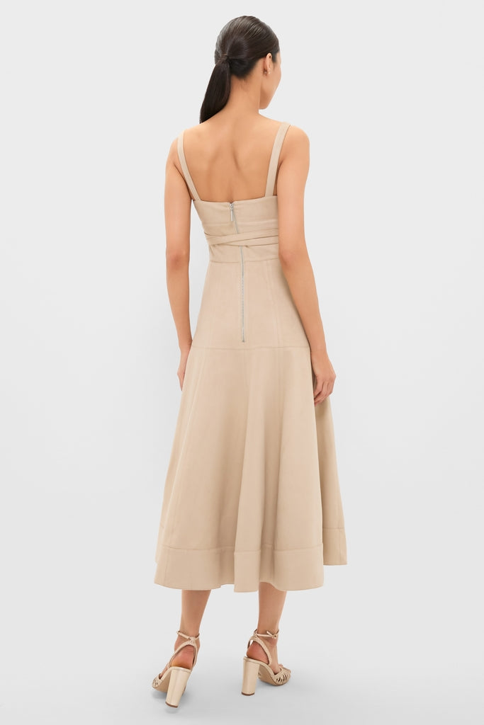 Dune Suede Kendra Maxi Dress showcases a classic, effortless style with its fitted bodice and flared skirt, complemented by high-end strappy block-heeled sandals.