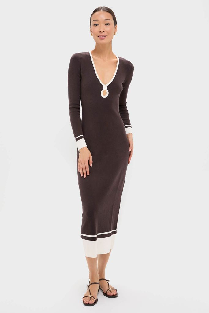 Model wearing classic Espresso Egret Long Sleeve Ribbed Maxi Dress with V-neck and teardrop cutout, paired with black sandals for an effortless, high-end look.